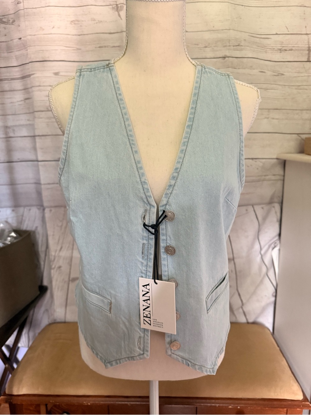 Zenana Light Blue Denim Button-Front Vest